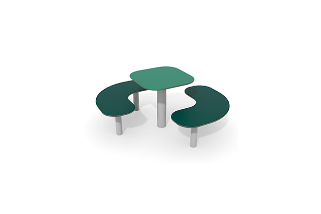 3D rendering af Udemøbel – bord med to bænke grøn