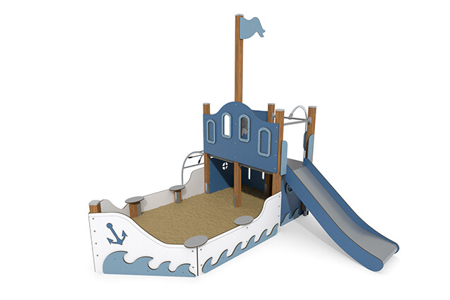 3D rendering af Legeskib - ECO skib med sandkasse blå