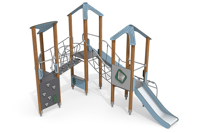 3D rendering af Legetårn - ECO tredobbelt tårn klatrestiger blå