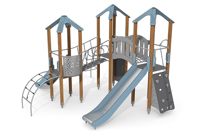 3D rendering af Legetårn - ECO tredobbelt tårn rutsjebane blå