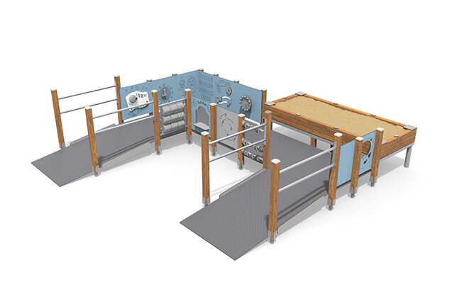 3D rendering af Legetårn - ECO legemiljø med kørestolsrampe blå