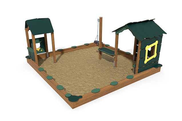 3D rendering af Sandkasse - ECO sandkassemiljø to legehuse grøn