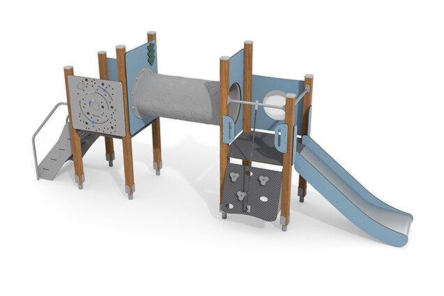 3D rendering af Legetårn - ECO dobbelt tårn kravlerør blå