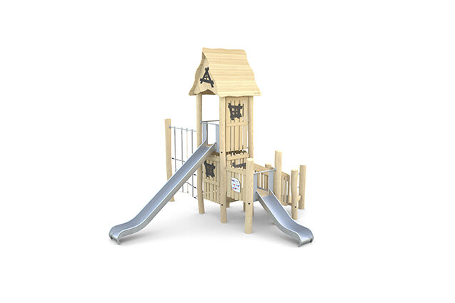 3D rendering af Legetårn - robinie med to rutsjebaner