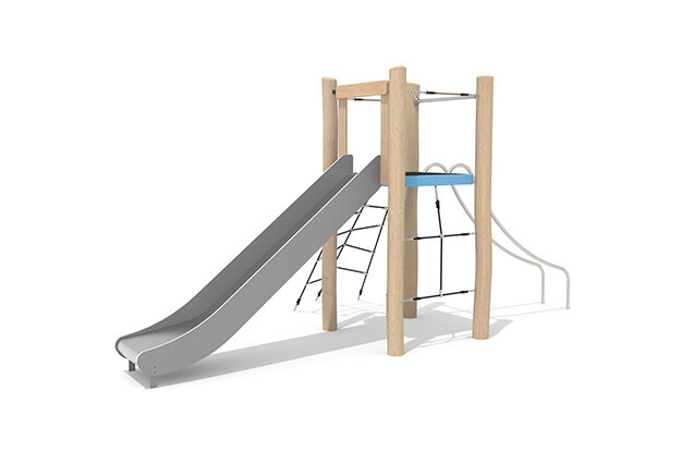 3D rendering af Legetårn - Robinia Scandic enkelt tårn m rutsjebane og klatreelementer