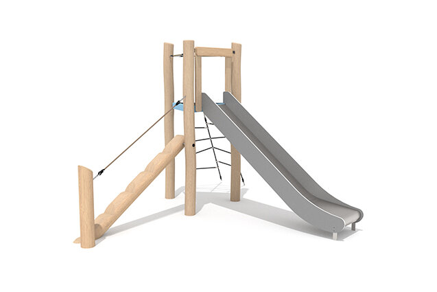 3D rendering af Legetårn - Robinia Scandic trekantet tårn med rutsjebane og skrå balancebom