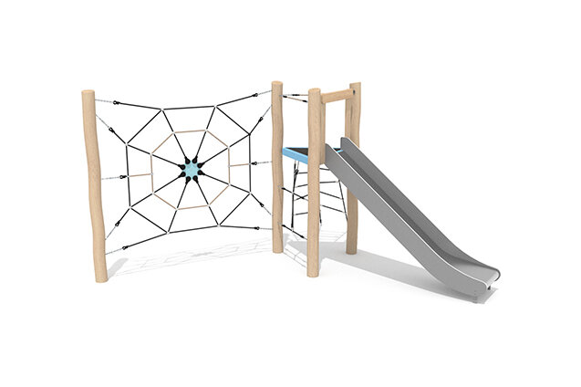 3D rendering af Legetårn - Robinia Scandic tårn rutsjebane og edderkoppenet