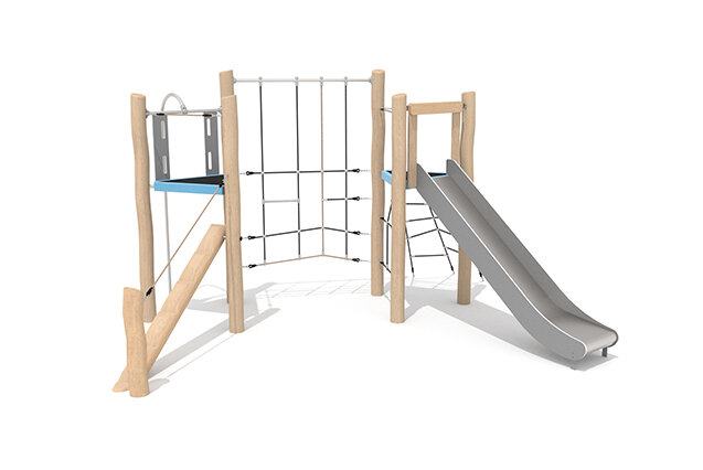 3D rendering af Legetårn - Robinia Scandic dobbelt tårn klatrenet balancebom