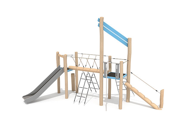 3D rendering af Legetårn - Robinia Scandic dobbelt tårn brandmandsstang