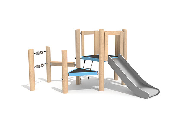 3D rendering af Legetårn - Robinia Scandic dobbelt tårn med rutsjebane og bord