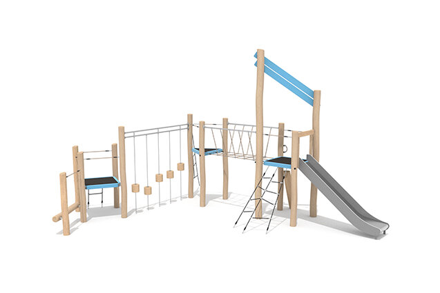 3D rendering af Legetårn - Robinia Scandic tredobbelt tårn og balancebane