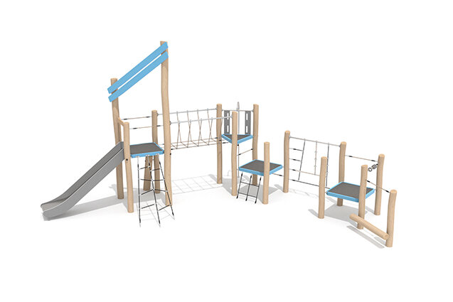 3D rendering af Legetårn - Robinia Scandic tredobbelt tårn klatrenet og rebbro
