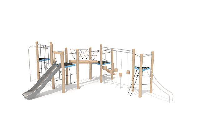3D rendering af Legetårn - Robinia Scandic firedobbelt tårn klatrebane