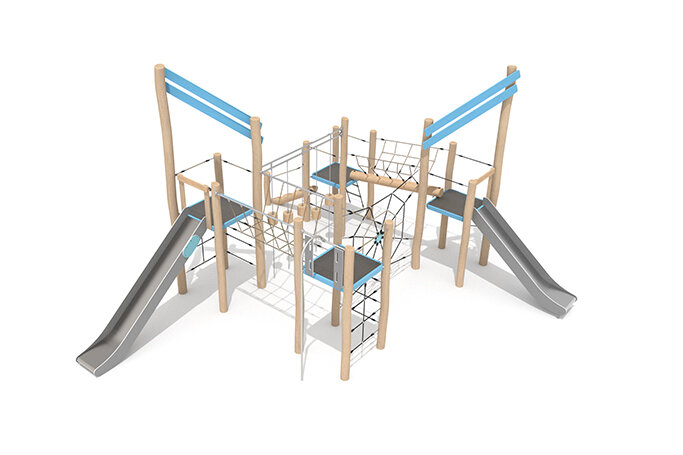 3D rendering af Legetårn - Robinia Scandic firetårnet med rutsjebaner og klatrenet