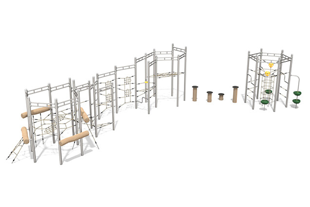 3D rendering af Klatreanlæg - klatrebane 2 rustfri stål robinie