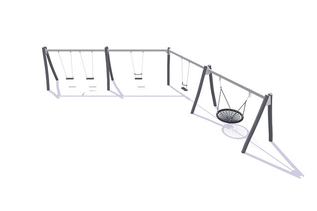 3D rendering af Gynge - stativ vinklet robinie og stål 1 fuglerede, 2 klassiske og 2 klassiske med bøjle h 2,1m