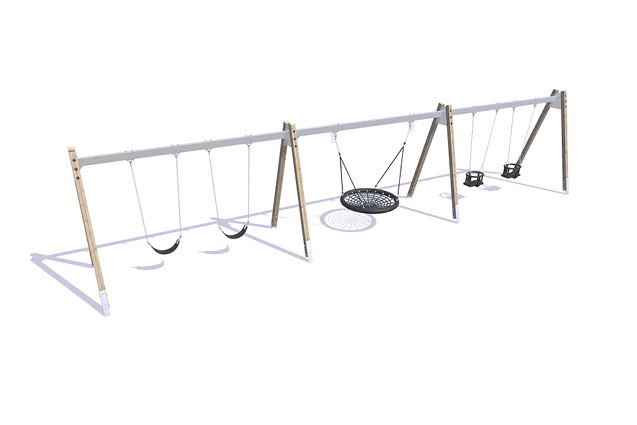 3D rendering af Gynge - stativ fuglerede, to saddel og to baby A-ben lærk og stål h 2,1m