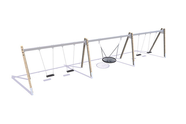 3D rendering af Gynge - stativ fire klassiske og fuglerede A-ben lærk og stål h 2,1m