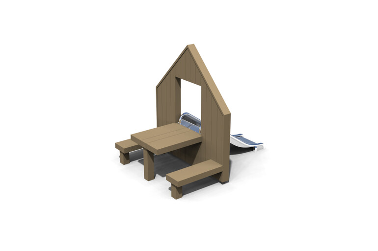 3D rendering af Legehus - facade m rutsjebane, bord og bænk Olivia