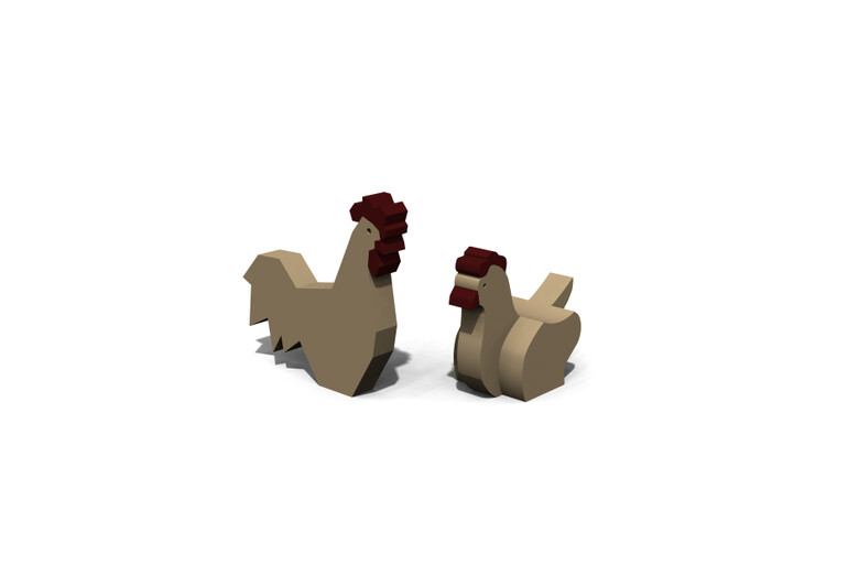 3D rendering af Legeskulptur - hane og høne