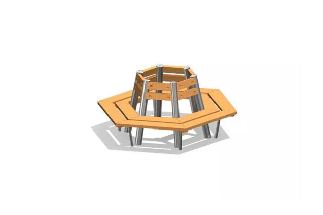 3D rendering af Udemøbel - sekskantet træbænk