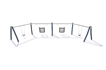 Gynge - stativ halvcirklet robinie og stål 2 klassiske sæder og 2 handicapgynger h 2,4m
